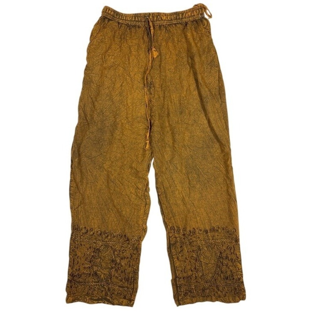Bohemian Wide Leg Crinkle Pants Mustard Brown Embroidered Hem Womens